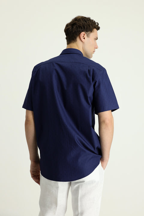 Dark Navy Short Sleeve Regular Fit Patterned Cotton Shirt