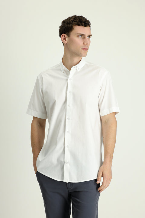 White Short Sleeve Regular Fit Patterned Cotton Shirt