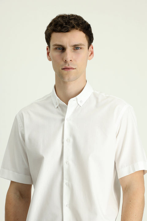 White Short Sleeve Regular Fit Patterned Cotton Shirt