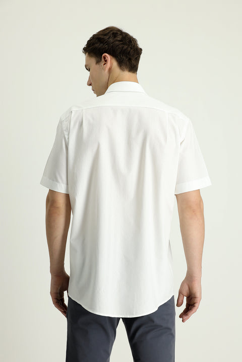 White Short Sleeve Regular Fit Patterned Cotton Shirt