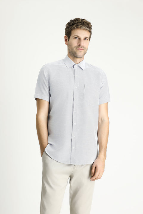 Navy Blue Short Sleeve Regular Fit Patterned Cotton Shirt