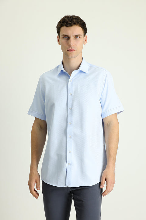 Light Blue Short Sleeve Regular Fit Patterned Cotton Easy-Iron Shirt