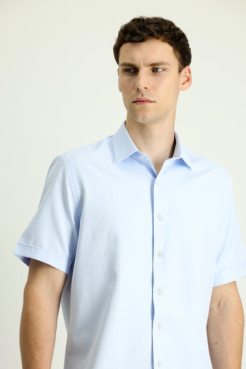 Light Blue Short Sleeve Regular Fit Patterned Cotton Easy-Iron Shirt