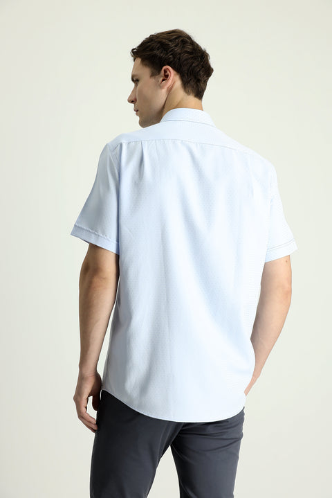 Light Blue Short Sleeve Regular Fit Patterned Cotton Easy-Iron Shirt