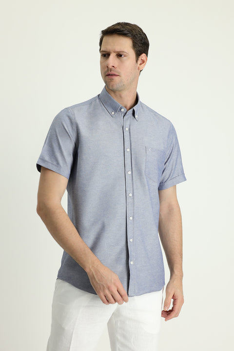 Dark Navy Short Sleeve Regular Fit Sport Cotton Easy-Iron Button-Down Shirt