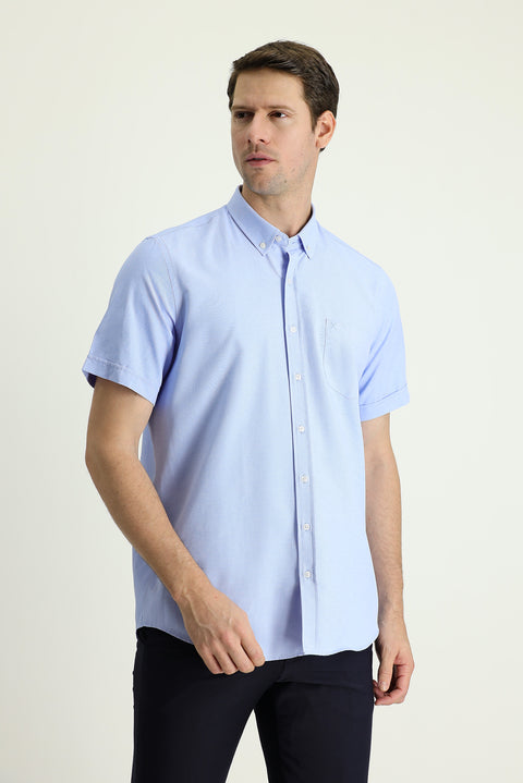 Sky Blue Short Sleeve Regular Fit Sport Cotton Easy-Iron Button-Down Collar Shirt