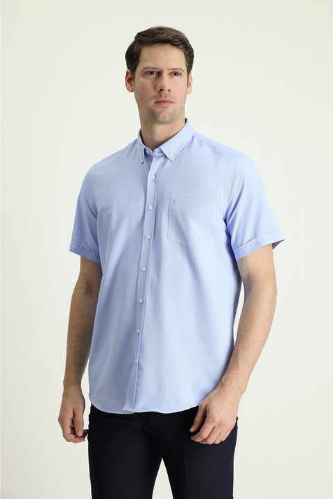 Sky Blue Short Sleeve Regular Fit Sport Cotton Easy-Iron Button-Down Collar Shirt