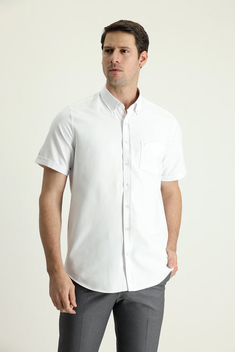 White Short Sleeve Regular Fit Sport Cotton Button-Down Shirt