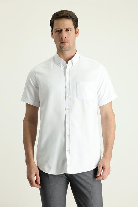 White Short Sleeve Regular Fit Sport Cotton Button-Down Shirt