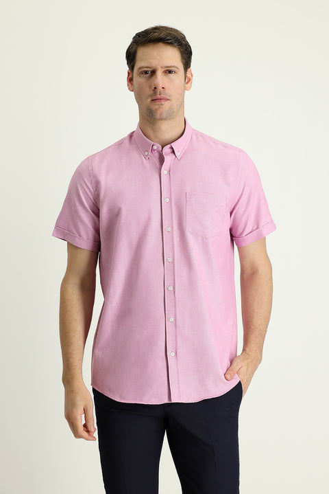 Medium Purple Short Sleeve Regular Fit Sport Cotton Button-Down Collar Shirt