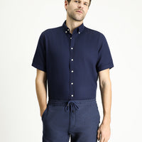 Dark Navy Short Sleeve Regular Fit Striped Cotton Shirt