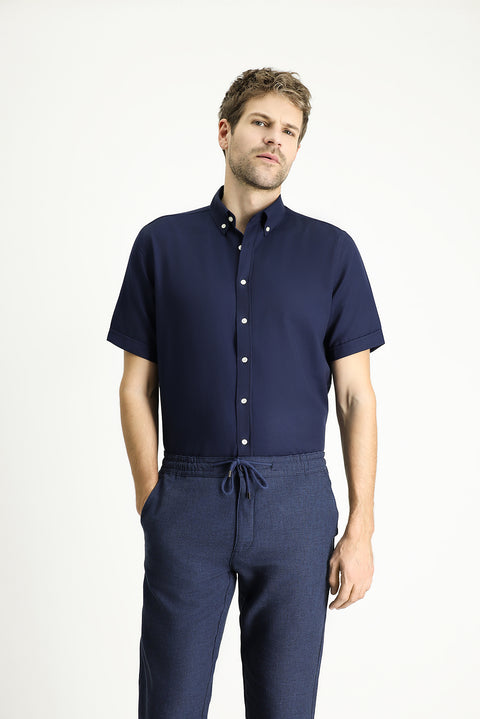 Dark Navy Short Sleeve Regular Fit Striped Cotton Shirt