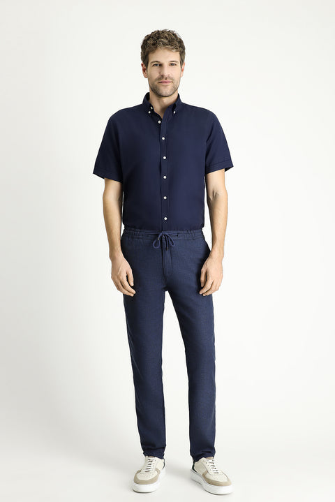 Dark Navy Short Sleeve Regular Fit Striped Cotton Shirt