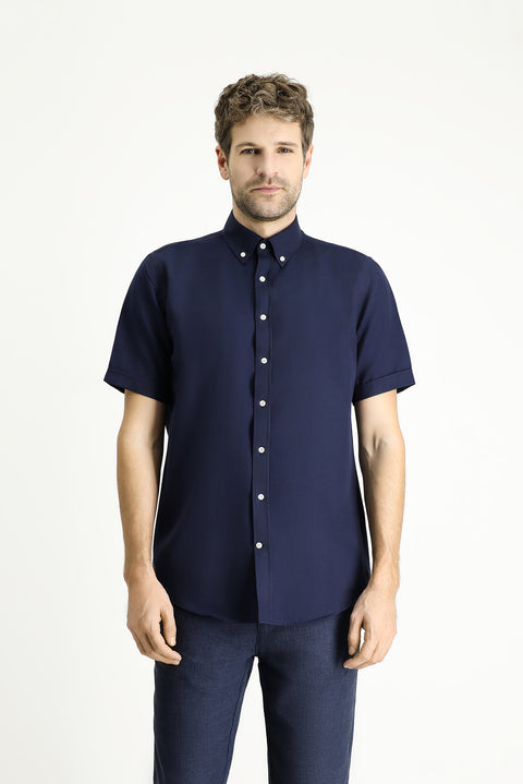 Dark Navy Short Sleeve Regular Fit Striped Cotton Shirt