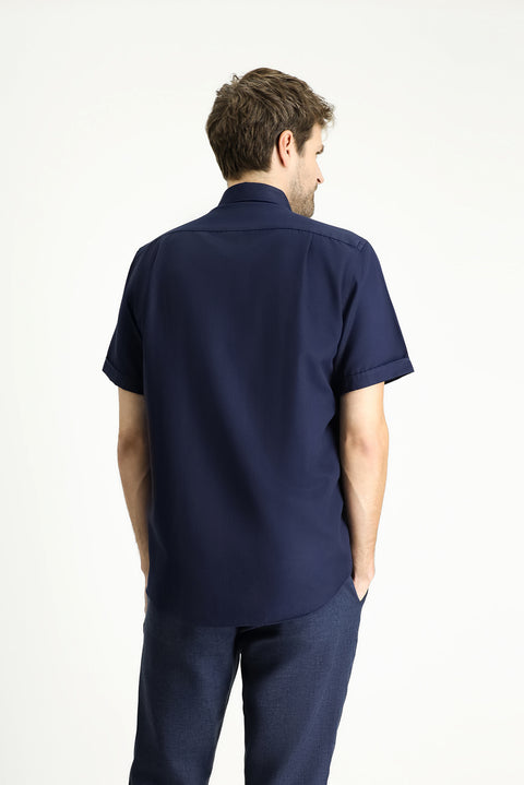 Dark Navy Short Sleeve Regular Fit Striped Cotton Shirt