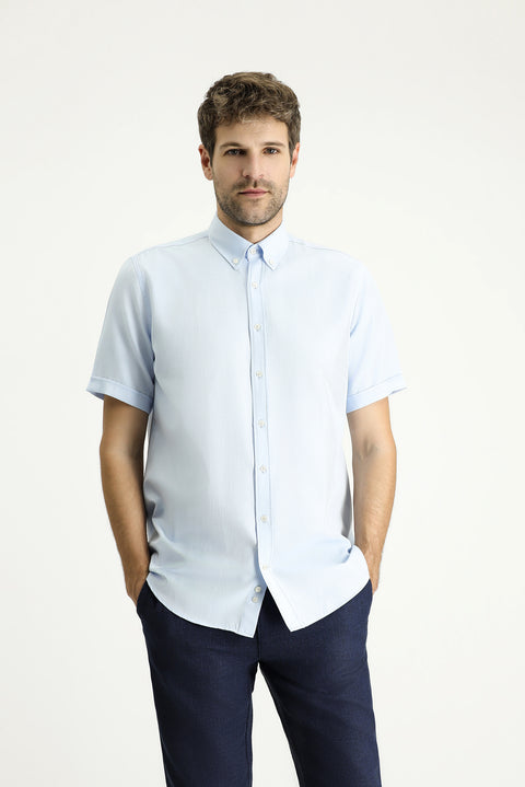 Light Blue Short Sleeve Regular Fit Striped Cotton Shirt