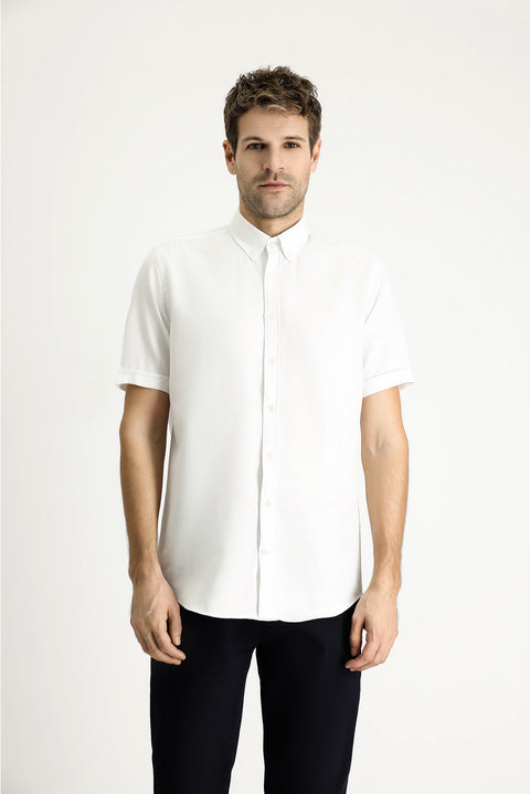 White Short Sleeve Regular Fit Striped Cotton Shirt