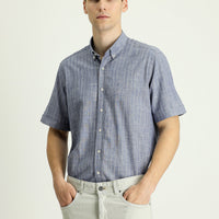 Medium Navy Short Sleeve Regular Fit Striped Cotton Shirt