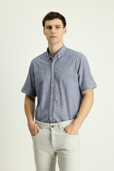 Medium Navy Short Sleeve Regular Fit Striped Cotton Shirt