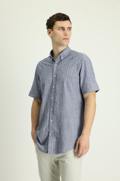 Medium Navy Short Sleeve Regular Fit Striped Cotton Shirt