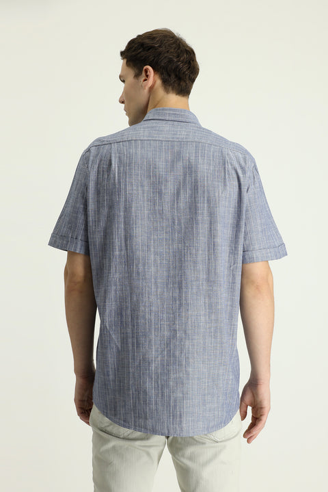 Medium Navy Short Sleeve Regular Fit Striped Cotton Shirt