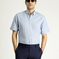 Light Blue Short Sleeve Regular Fit Striped Cotton Shirt