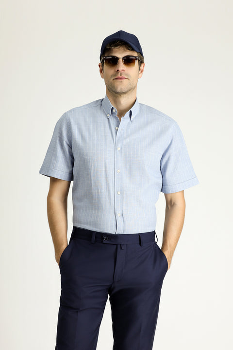 Light Blue Short Sleeve Regular Fit Striped Cotton Shirt