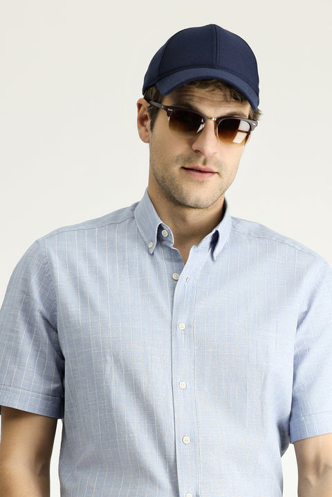 Light Blue Short Sleeve Regular Fit Striped Cotton Shirt