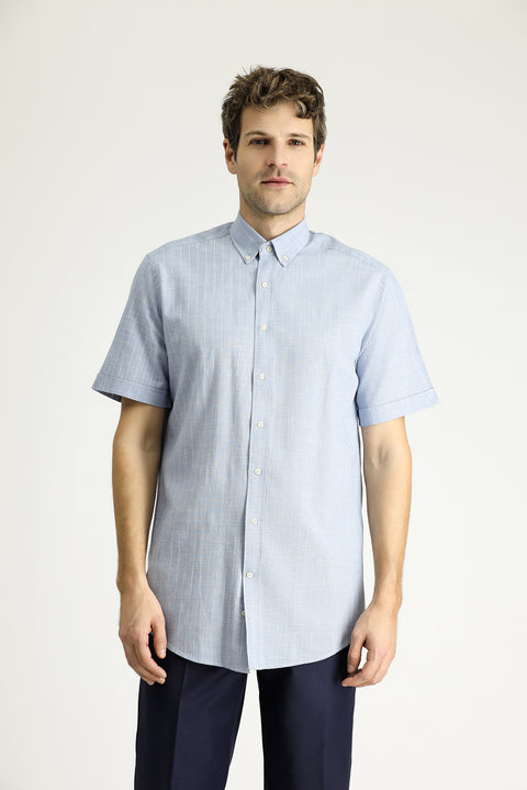 Light Blue Short Sleeve Regular Fit Striped Cotton Shirt