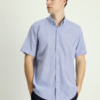 Medium Navy Short Sleeve Regular Fit Striped Cotton Linen Blend Button-Down Shirt