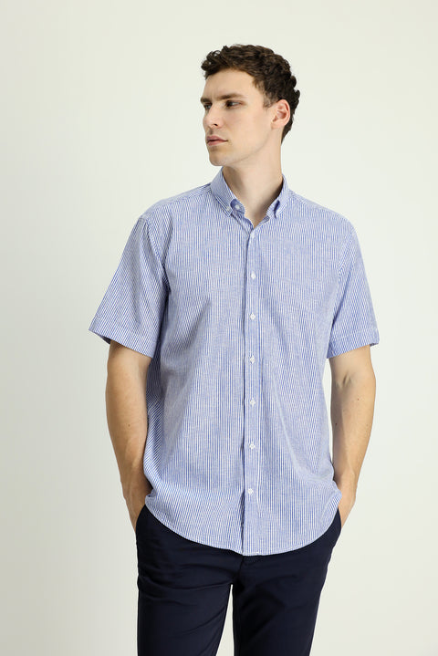 Medium Navy Short Sleeve Regular Fit Striped Cotton Linen Blend Button-Down Shirt
