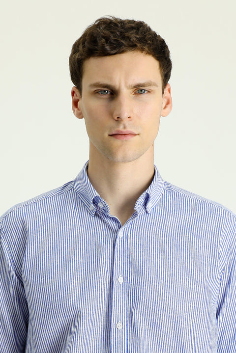 Medium Navy Short Sleeve Regular Fit Striped Cotton Linen Blend Button-Down Shirt