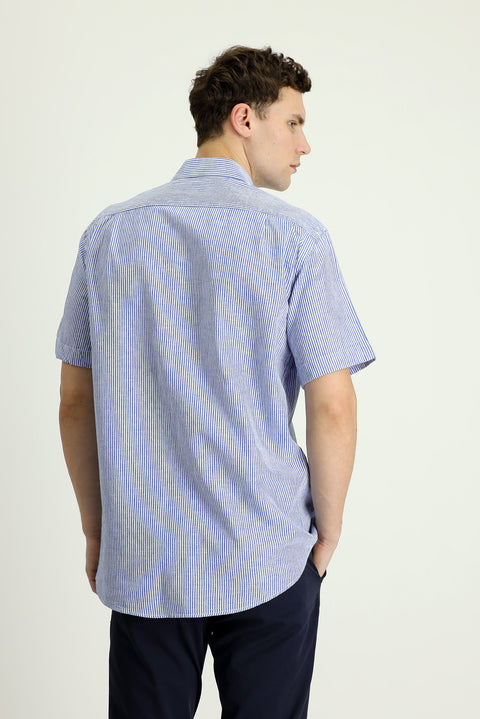 Medium Navy Short Sleeve Regular Fit Striped Cotton Linen Blend Button-Down Shirt