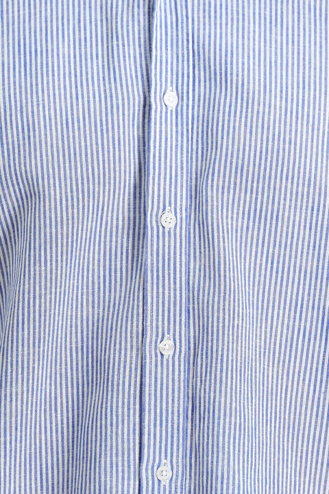 Medium Navy Short Sleeve Regular Fit Striped Cotton Linen Blend Button-Down Shirt