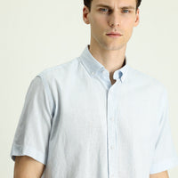 Light Blue Short Sleeve Regular Fit Striped Cotton Linen Blend Button-Down Shirt