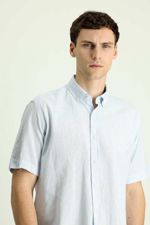 Light Blue Short Sleeve Regular Fit Striped Cotton Linen Blend Button-Down Shirt