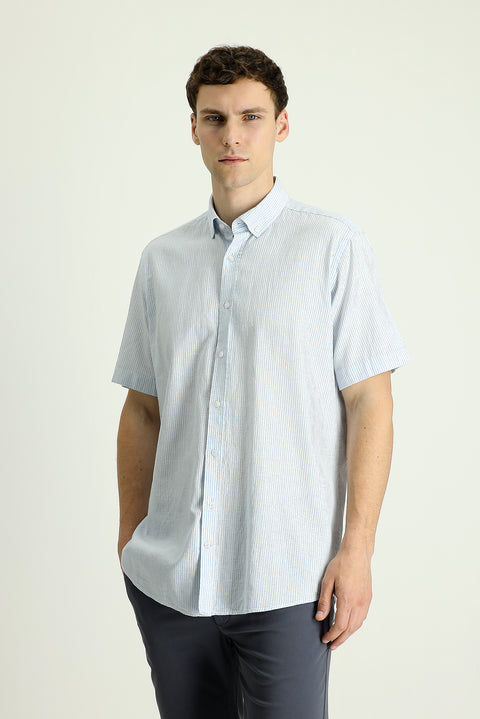 Light Blue Short Sleeve Regular Fit Striped Cotton Linen Blend Button-Down Shirt
