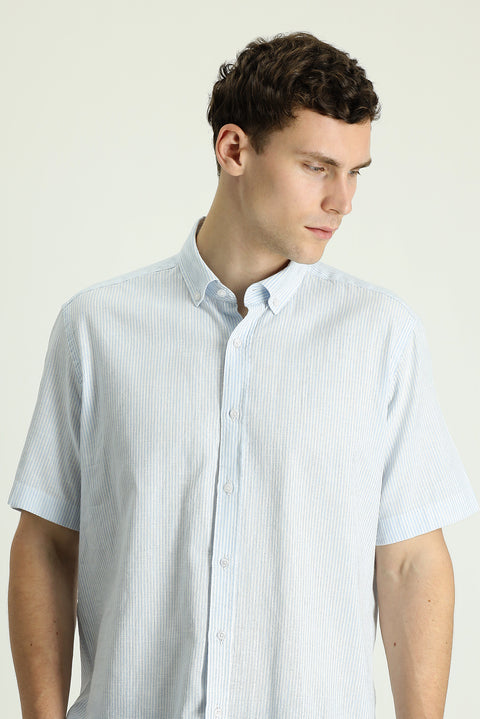 Light Blue Short Sleeve Regular Fit Striped Cotton Linen Blend Button-Down Shirt