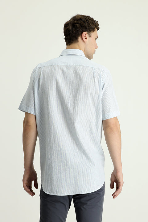 Light Blue Short Sleeve Regular Fit Striped Cotton Linen Blend Button-Down Shirt
