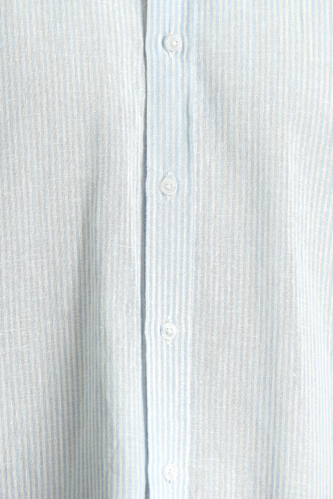 Light Blue Short Sleeve Regular Fit Striped Cotton Linen Blend Button-Down Shirt