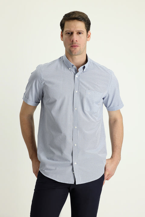 Blue Short Sleeve Regular Fit Plaid Sport Cotton Easy-Iron Shirt