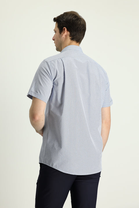 Blue Short Sleeve Regular Fit Plaid Sport Cotton Easy-Iron Shirt