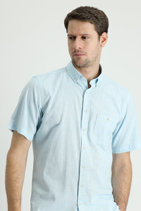 Aqua Blue Short Sleeve Regular Fit Cotton Sports Shirt