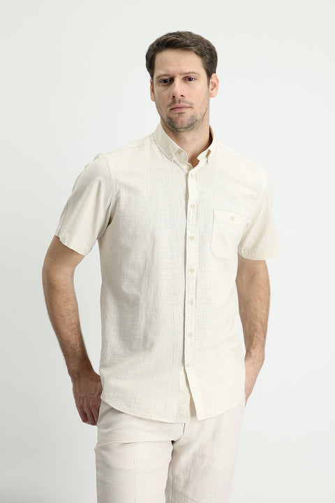 Light Beige Short Sleeve Regular Fit Cotton Sports Shirt