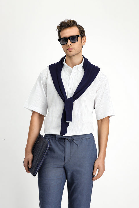 Light Blue Short Sleeve Regular Fit Button-Down Collar Cotton Shirt