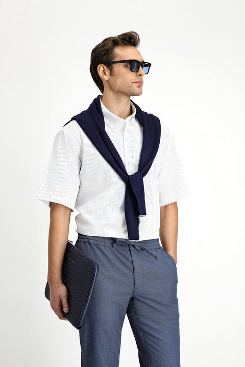Light Blue Short Sleeve Regular Fit Button-Down Collar Cotton Shirt