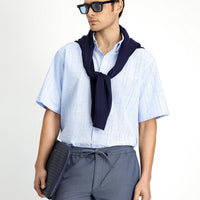 Sky Blue Short Sleeve Regular Fit Button-Down Collar Cotton Shirt