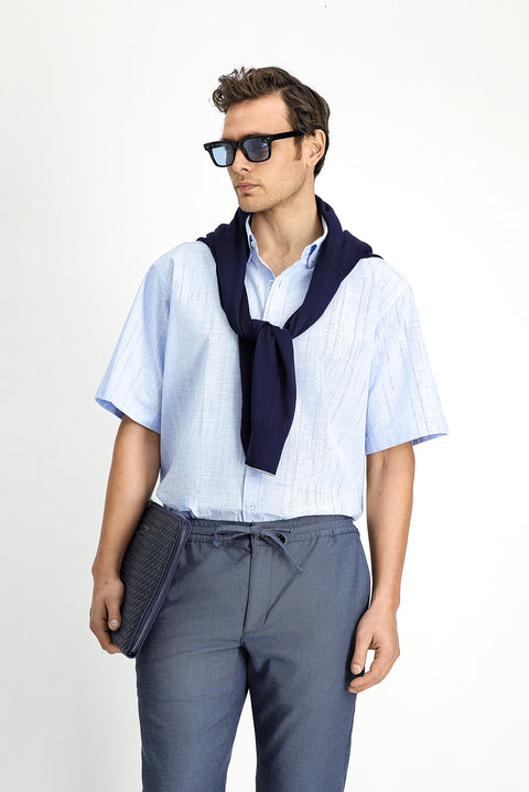 Sky Blue Short Sleeve Regular Fit Button-Down Collar Cotton Shirt