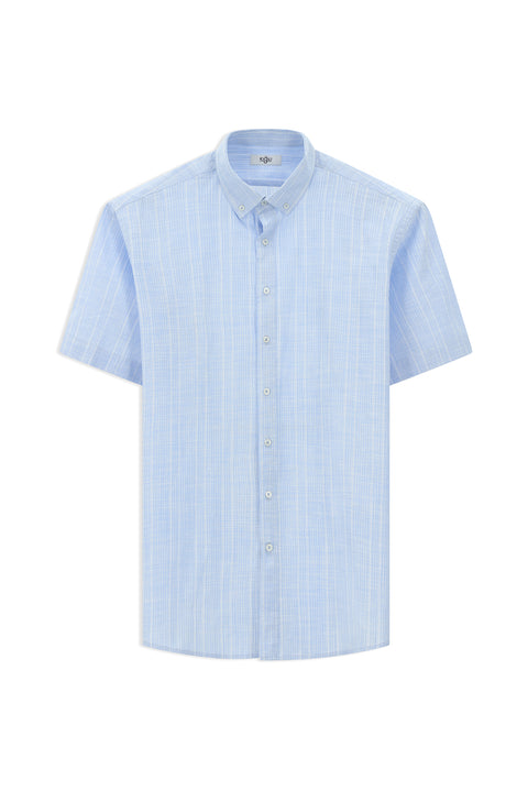 Sky Blue Short Sleeve Regular Fit Button-Down Collar Cotton Shirt