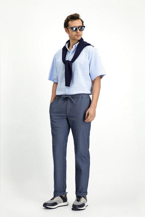 Sky Blue Short Sleeve Regular Fit Button-Down Collar Cotton Shirt